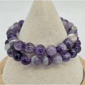 Purple Natural Amethyst Gemstone Bracelet Stretchy 8.5mm Round x2 Polished NWOT